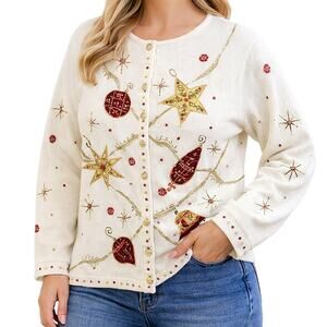 Vintage 90s Women’s XL Christmas Sweater Beaded White Holiday Knit